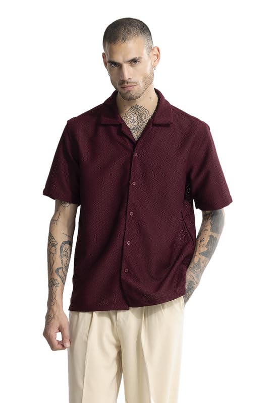 Image of SNITCH nector Maroon Cuban Collar Self Design Box Fit Shirt