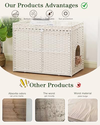 Image of SETVSON Cat Litter Box Enclosure Furniture, Handwoven Rattan Hidden Litter Box with Mat, Large Space Cat House with 2 S-Shaped Hooks 30.3 x 18.3 x 24.4 Inches, Indoor for Living Room Apartment White
