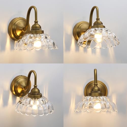 Image of Phansthy Antique Brass Wall Sconce Hardwired, Gooseneck 1-Light Single Vanity Wall Light with Umbrella-Shaped Clear Glass Shade, Wall Lamp for Bedroom Bedside Kitchen Hallway (Antique Gold)