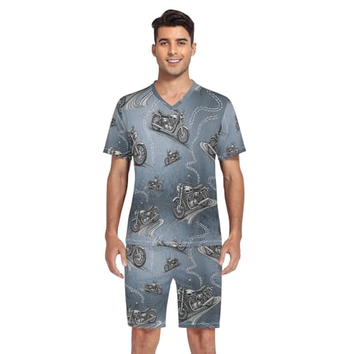 Mens Short Sleeve Pajama Set Motorcycle Pattern on Blue 2-piece Lounge Sleep Sets Men's Sleepwear S-XXL4