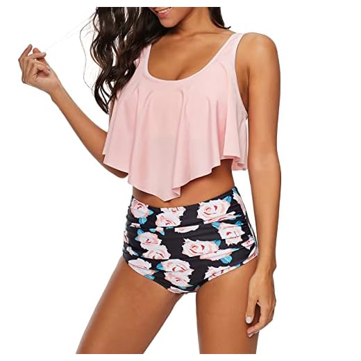 Conjunto de biquíni de cintura alta de 2 peças para mulheres, tanquíni rodado, Rosa rosa, 3G