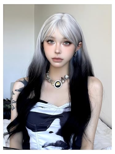 Aadesso White to Black Ombre Long Straight Wig 65cm Blunt Bangs Daily Synthetic Hair for Women Gothic East Asian Fashion K-pop Style Heat Resistant wig cap (25.6 Inch)
