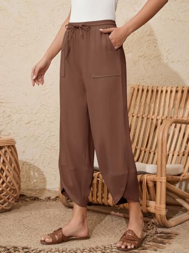 grewley Womens Baggy Wide Leg Cotton Linen Pants Barrel Drawstring Elastic Waist with Pockets Beach Coffee M — view 3