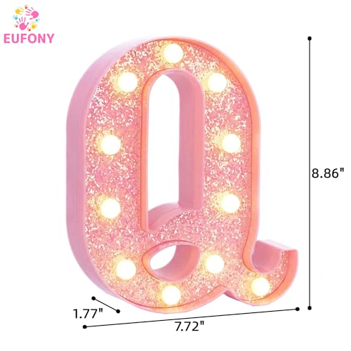 Image of Pink Marquee Light Up Letters, Glitter Alphabet LED Letter Lights for Pink Birthday Party Decorations, Battery Operated Letter Sign for Girls Room Vanity Table Decor, Warm White Lights Letter Q
