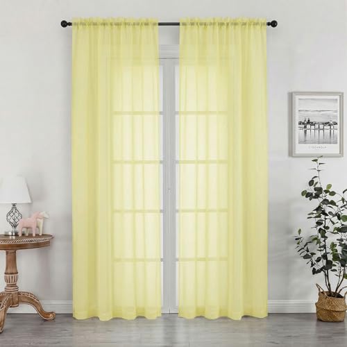 Image of OWENIE Sheer Curtains 84 inches Long 2 Panels Set for Living Room /Bedroom, Rod Pocket Voile Sheer Panel Drapes, Airy Soft Fabric Window Treatments, 2pcs, Each 42 inch W x 84 inch L, Light Yellow