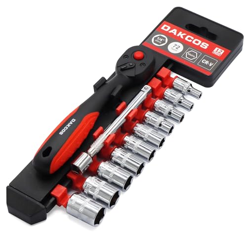 DAKCOS 1/4' Juego de Llaves de Carraca de 72 Dientes con 10 PC Llave de Vaso 4-13mm y 1 Barra de Extensión de 100 mm