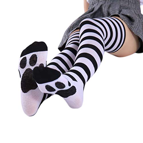 Xuebai Mujeres Anime sobre la Rodilla Calcetines Largos Kawaii Gato Pata Rayas Muslo Medias Altas Calcetines Largos Negros