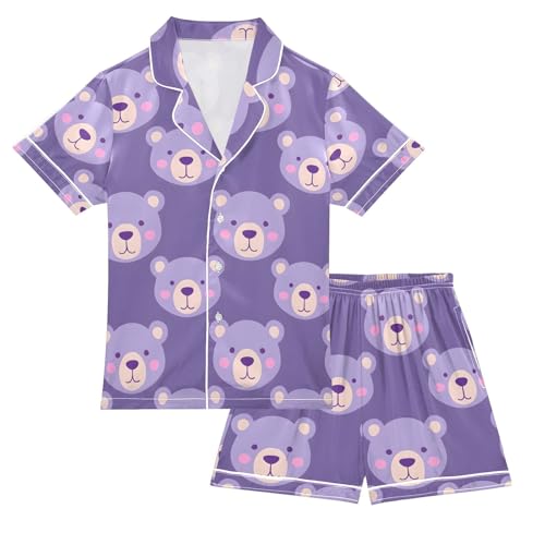 ALAZA Cartoon Bear Pajamas Satin Pajama Set Short Sleeve Button Down Sleepwear