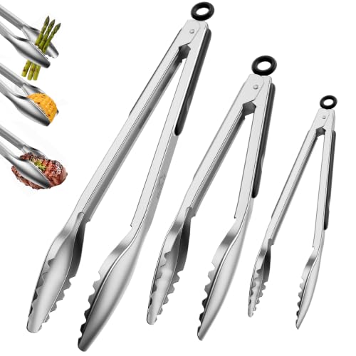 Bnlcd Stainless Steel Kitchen Tongs with Teeth Good Grip, Set of 3 Black - image 1