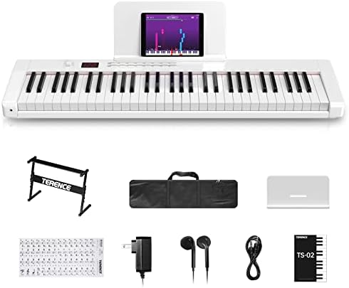 TERENCE Keyboard Piano with 61 Semi-weighted Keys LCD Display & 1800mAh Battery Support MIDI USB Interface & Piano Application with Bluetooth Sheet Music Stand Sticker Bag Audio Cable Earphones, White