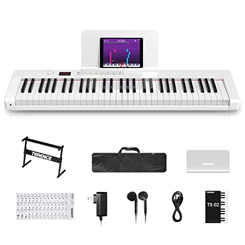 Terence Keyboard Piano With 61 Semi-Weighted Keys Lcd Display & 1800Mah Battery Support Midi Usb Interface & Piano Application With Bluetooth Sheet Music Stand Sticker Bag Audio Cable Earphones, White #TOP11