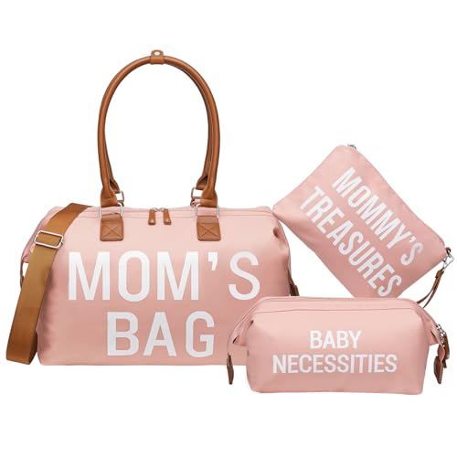 Image of printe Mommy Diaper Bag Tote for Girls with 2 Organizer Pouches, Large Capacity Mom's Bag for Hospital and Weekender Travel, Pink