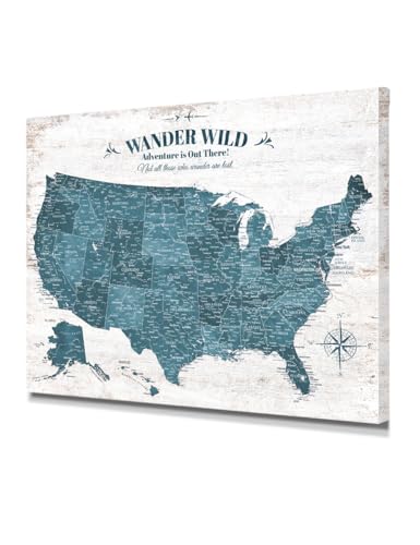 Image of IPIC - Vintage Teal USA Map Wall Art, Push Pin USA Map to Track Your Travels, Farmhouse Style Canvas Wall Decor for Home, Office, Living Room or RV, Ready to Hang, Made in USA