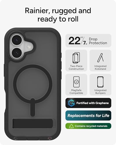 Image of ZAGG Rainier Case with Kickstand for iPhone 17 - Smoke Black, Graphene 22ft (7m) Drop Protection, Lanyard Attach Points, MagSafe, Wireless Charging Compatible, 2-Piece Design, Phone Case
