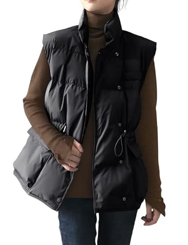 Arssm Womens Puffer Vest Sleeveless Button Stand Collar Padded Drawstring Bodywarm Padded Casual Lightweight Jacket(Black-Xl) #TOP20