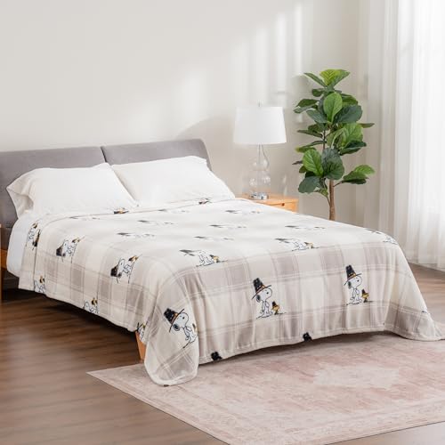 Image of Berkshire Blanket Peanuts VelvetLoft Cute Character Snoopy Plush Blanket,Lakeside Plaid Harvest Snoopy and Woodstock Grey,Twin 60 in x 90 in (Official Peanuts Product)