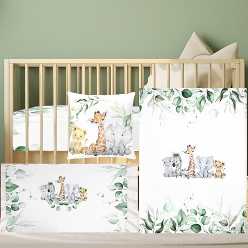 HunnmingRe Baby Safari Animals Crib Bedding Set 3 Pcs Crib Set Baby Blanket, Fitted Sheet, Pillowcase Soft Flannel Nursery Bedding for Standard Infant Bed and Toddler Mattress Newborns Gifts