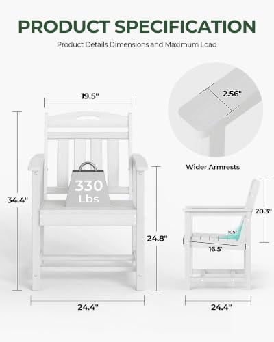 Image of Patio Chairs Set of 2, HDPE Outdoor Dining Chairs with Wide Seat, All Weather Oversized Porch Chair for Garden, Backyard, Deck - White