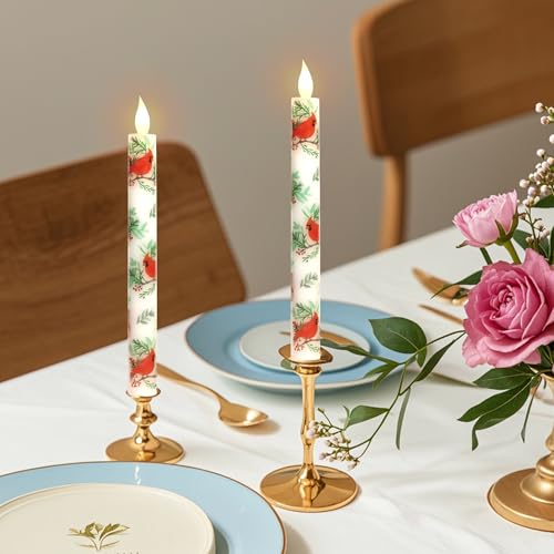 Image of MELTONE Cardinal Bird Flameless Taper Candles with Remote - Red Bird Theme LED Taper Candles for Home Xmas Holiday Party Christmas Decoration - 2PCS 9.5INCH
