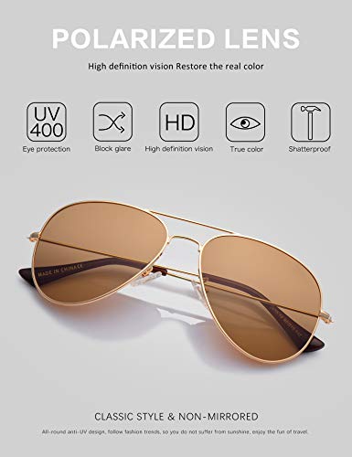 LUENX Aviator Sunglasses for Mens Polarized Brown Amber Lenses Gold Metal Frame UV400 Protection Classic Style