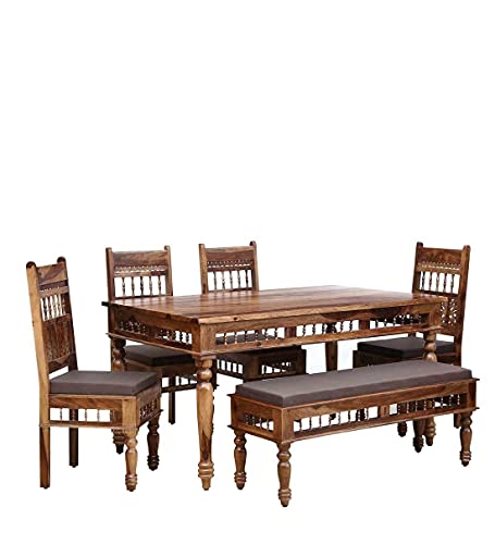 Image of Solid Sheesham Wood 57 Inch Traditional Dining Table 6 Seater | Six Seater Dinning Table with 4 Chairs & 1 Bench for Home | Dining Room Sets for Restaurants (Teak Finish)