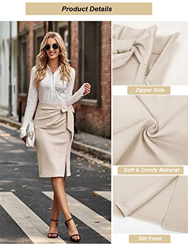 Kate Kasin Women's Professional Skirt Elastic High Waist Bow Tie Knee Length Stretch Bodycon Pencil Skirts With Slit Green Large #TOP4