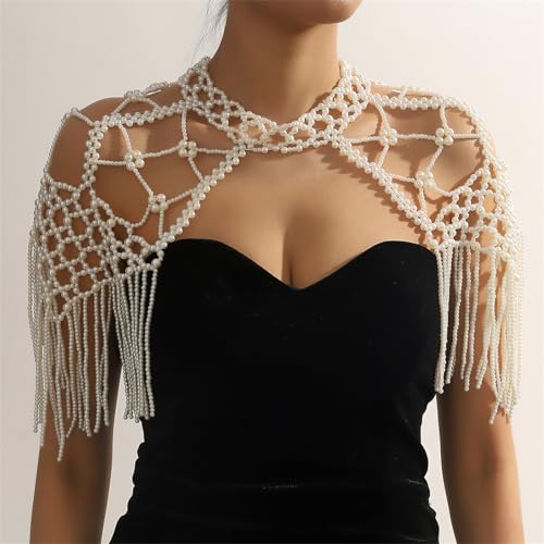 Elegant Pearl Shawl for Wedding Dress Fashion Shoulder Chain for Cheongsam Summer Shoulder Wrap for Formal Party, White3