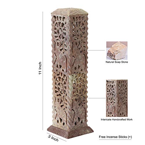 KC KULLICRAFT Handmade Marble Soapstone Incense Stick Burner | Dhoop Batti Stand | Candle Holder | Tea Light Burner - Jaali Carving | Decorative Home and Kitchen Decor (3 x 3 x 11 Inches) (Pack of 1)
