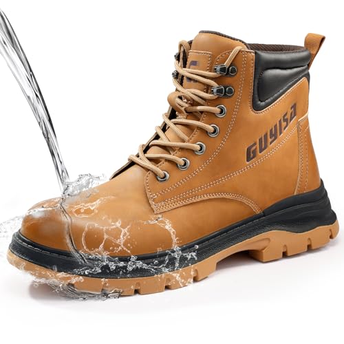 GUSAYEX Steel Toe Work Boots for Men Kevlar Puncture-Resistant Safety Boots Water-Resistant Leather Industrial Construction Boot with Rubber Outsole Men's Work & Utility Shoes Size 10.5
