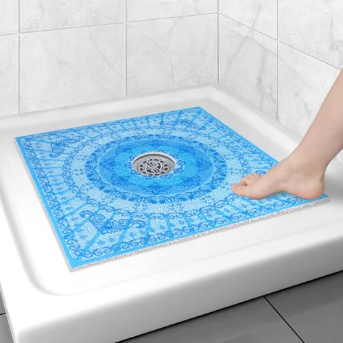 Image of Square Shower Mat Non Slip: 24x24 Inch Shower Floor Mat with Drain Hole in Middle, Super Soft and Comfortable PVC Loofah Massage Bath Mat for Shower, Anti Slip Shower Stall Mat, Quick Drying