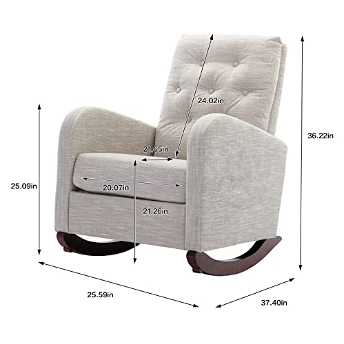 Modern Accent Rocking Chair, Upholstered Nursery Glider Rocker For Baby And Kids, Comfy Armchair With Side Pocket, Living Room Lounge Arm Chair, High Backrest With Decorative Buttons, Light Grey #TOP1