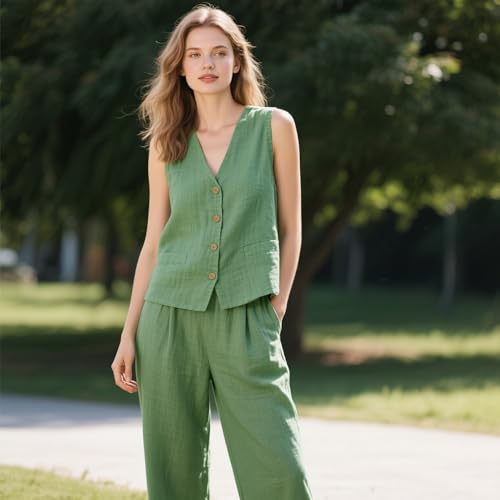 Mi Bo Tong Women's 2 Piece Outfits Linen Vest and Wide Leg Pants Casual Sleeveless Sets Summer Outfits4
