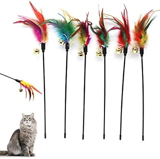 6Pcs Cat Feather Wand Toys, Cat Color Vary Feather Teaser Exerciser Wand, Colorful Feathers Bell Toys for Cat and Kitten