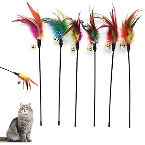 6Pcs Cat Feather Wand Toys, Cat Color Vary Feather Teaser Exerciser Wand, Colorful Feathers Bell Toys for Cat and Kitten Cover
