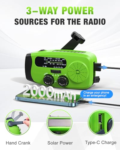 Image of Hand Crank Radio with AM /FM /NOAA Weather Bands,for Emergencies, Camping | 3 LED Flashlights,SOS Function,Solar Powered,Hand Cranked, 2000mAh /7400mWh Charger,for Power Outage - Green