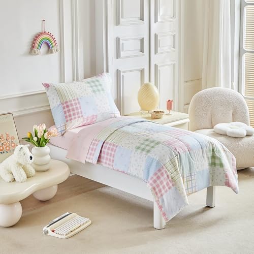 Image of Joyreap 4 Piece Cotton Toddler Bedding Set- Gingham Check Patchwork Design, Toddler Comforter Set for Girls, Includes Quilted Comforter, Fitted Sheet, Top Sheet, and Pillow Case