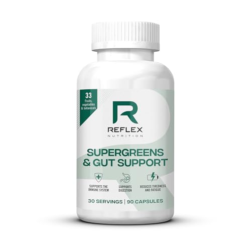 Reflex Nutition Supergreens & Gut Support - 33 Active Ingredients - Prebiotics, Probiotics, Vitamins & Minerals - Immune Support, Reduce Fatigue & Bloating - Vegan Gut Health Supplement (90 Capsules)