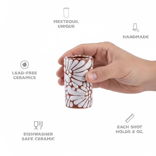 Image of Talavera Shot Glasses Set of 4 Authentic Mexican Tequila Shot Glasses - Hand-painted - 2 Oz (White Brushstroke Terracotta Background)