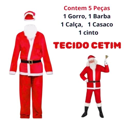 Fantasia de Natal Roupa Papai Noel Adulto Kit 5 Peças - Cetim