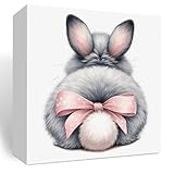 Funny Easter Decor, Pink Cute Hippy Bunny Decor, Happy Easter, Pink Bow Easter Bunny Decor, Easter Bunny Gift for Girls, Wooden Box Decor for Rustic Home Bedroom Living Room Table Shelf Office