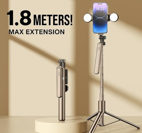 Image of Portable R16K UltraWide Tripod Selfie Stick with 3-Mode Brightness | 5.9 Feet Height for Scenic Shots & Live Content