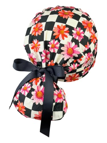Image of Scrub Cap for Women and Men, Ponytail Scrub Caps, Working Hat, Head Cover with Ribbon Ties and Buttons, Long Hair