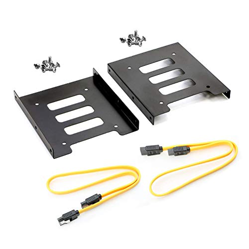SAISN HDD SSD Mounting Bracket 2.5 to 3.5 Adapter Hard Drive Holder (Single Drive, 2 Pack + Yellow SATA II Cables)
