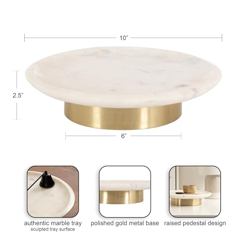 Kate and Laurel Sevienne Modern Glam Round Marble Tray, 10 Inch Diameter, White and Gold, Contemporary Scooped Pedestal Tray for Use as Entryway Tray Catchall or Small Coffee Table Tray - Image 3