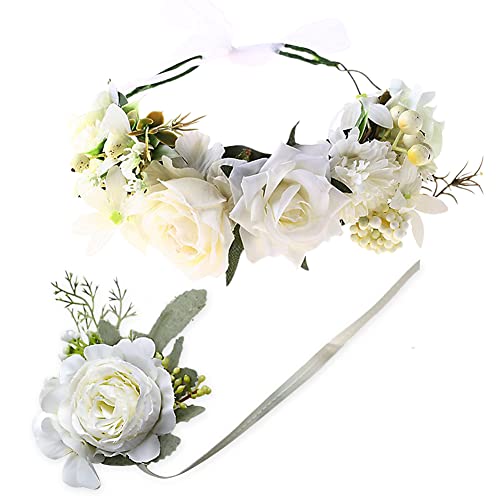 Blumenkranz Blume Krone Stirnband, Blumen Krone Braut Verstellbares Weiß Rose Braut Haarschmuck mit Armband-Set Haarbänder Floral Girlande für Damen und Mädchen Party Hochzeit Strand Festival Cover