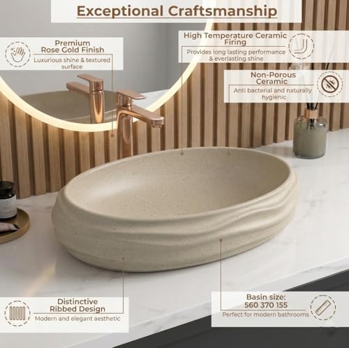 Image of BASSINO 22x15x6 Inches Ceramic Table Top Washbasin /Beige-Ivory Terrazzo Luxury Countertop Sink /Modern Basin for Home,Living Room /Designer Oval Shape Wash Basin for Bathroom with Wave(Matte Khaki)