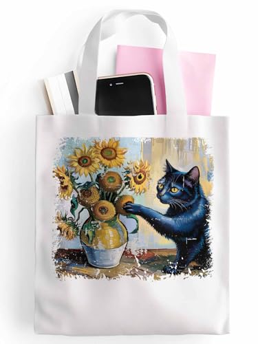 Canvas Tote Bags,Grocery Shopping Cloth Bag Retro SunFloral Cat Reusable Shoulder Bags Tote Bag for Travel Work Gym2