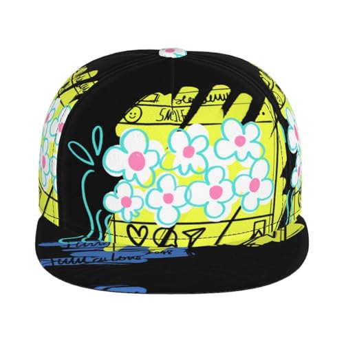 Smiling Face Graffiti Fashion Flat Brim Baseball Cap â€“ Stylish Unisex Cap with All-Over Print Design â€“ Breathable Lightweight Hat for Daily Wear, Outdoor Activities, and Travel Black2