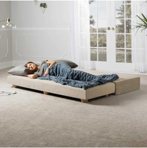 Image of SOUL CRAFT Modern Modular Daybed /Fold-Out Sleeper, Beige, Velvet Fabric, Converts to 2 Single Beds or 1 Queen Bed, with Mattress 203 cm x 74 cm(6.66 ft x 2.43 ft)