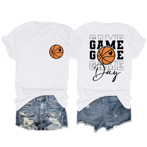 Migxsaf Basketball Mom Shirts for Women Game Day Shirt Funny Print Tshirts Vintage Graphic Tees Casual Summer Tops Lover Gift(White M)